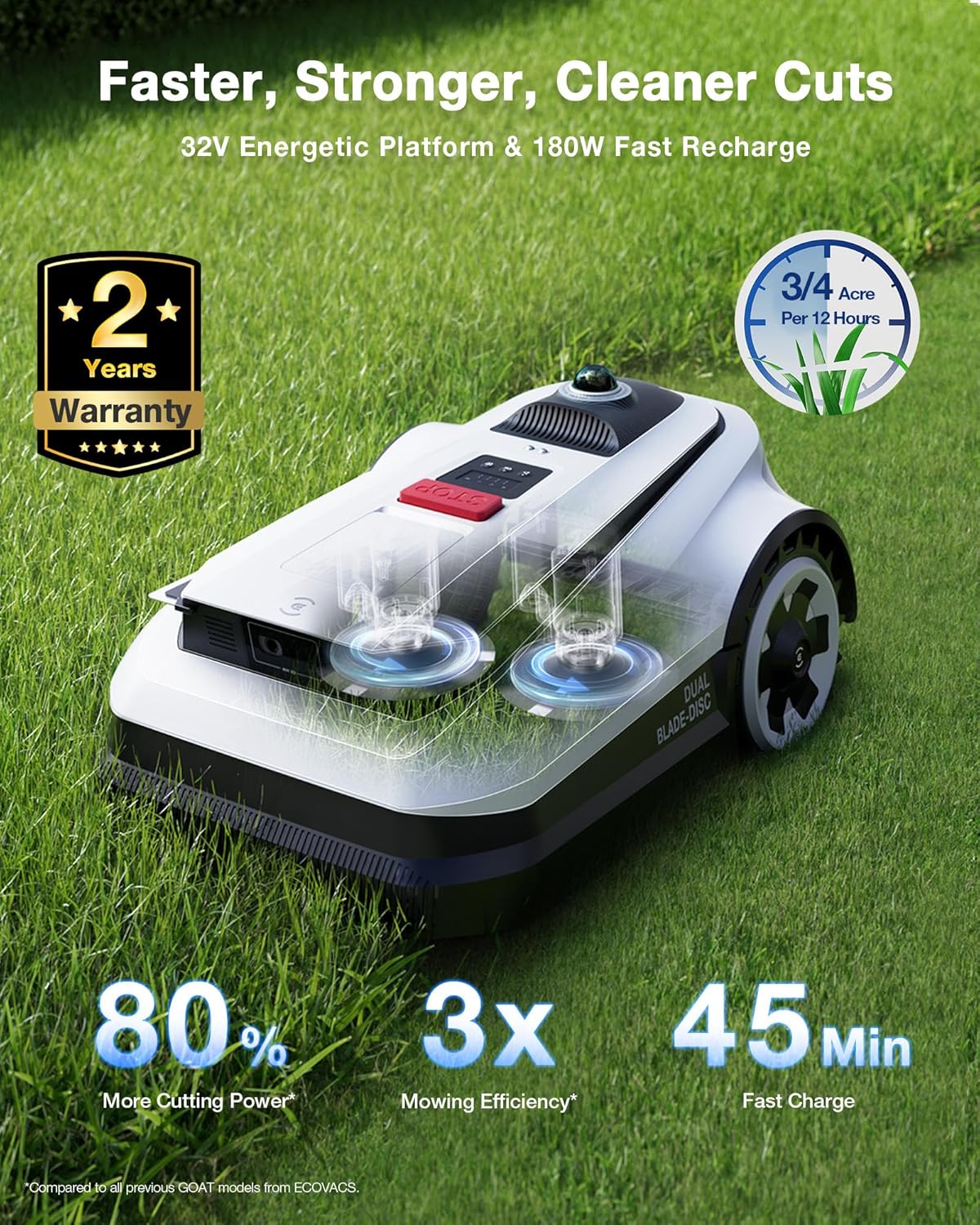ECOVACS Goat A3000 LiDAR Robot Lawn Mower, Dual-LiDAR Navigation,Suitable for 3/4 Acre, 13” Cutting Width, 45min Fast Charging, Precise Edge Mowing, Smart Lawn Mower for Large Garden