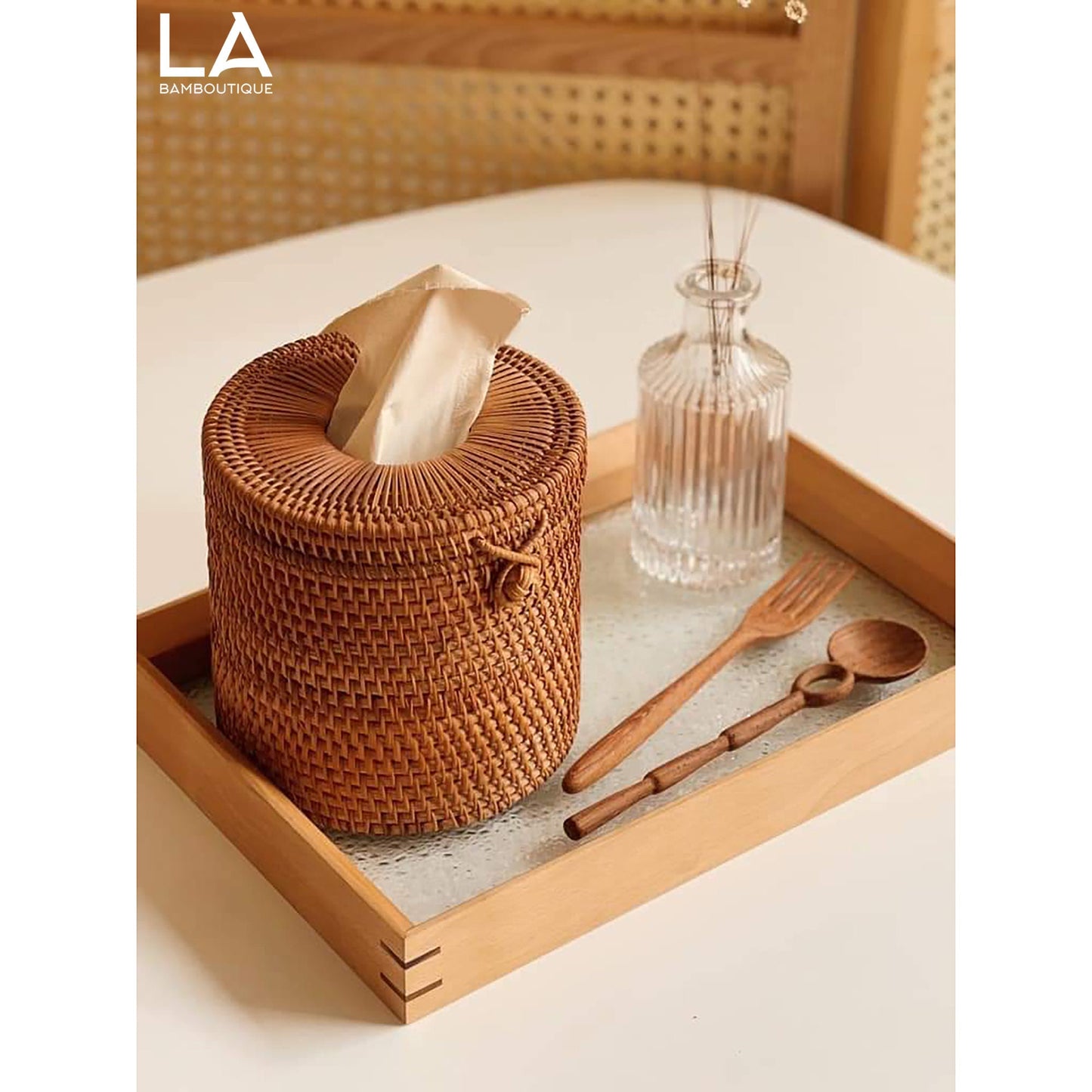 Boîte à Mouchoirs Rangement Rotin Osier Tressé Artisanal Ronde Carrée Naturelle Décorative