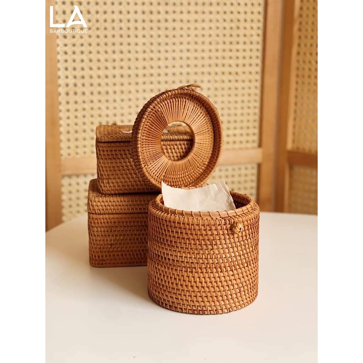Boîte à Mouchoirs Rangement Rotin Osier Tressé Artisanal Ronde Carrée Naturelle Décorative