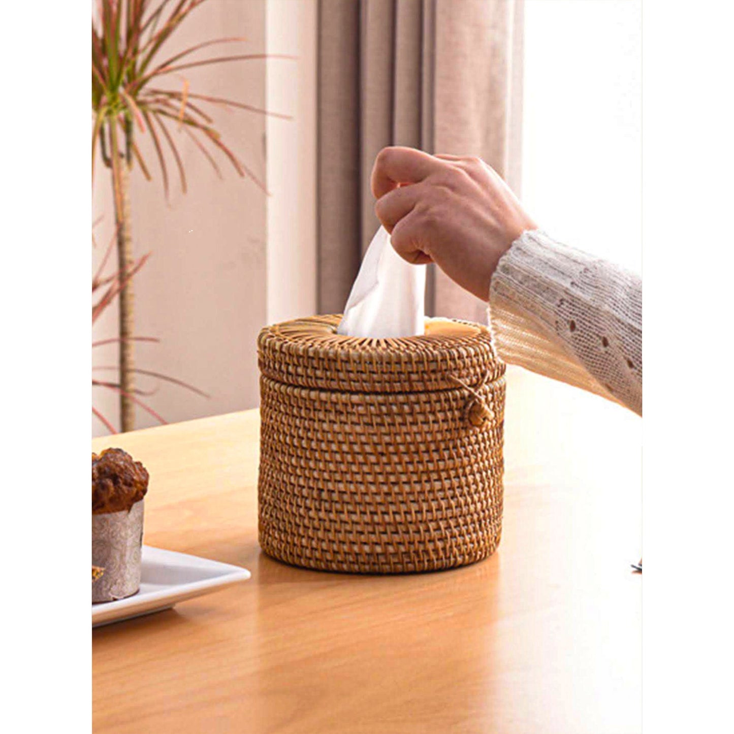 Boîte à Mouchoirs Rangement Rotin Osier Tressé Artisanal Ronde Carrée Naturelle Décorative