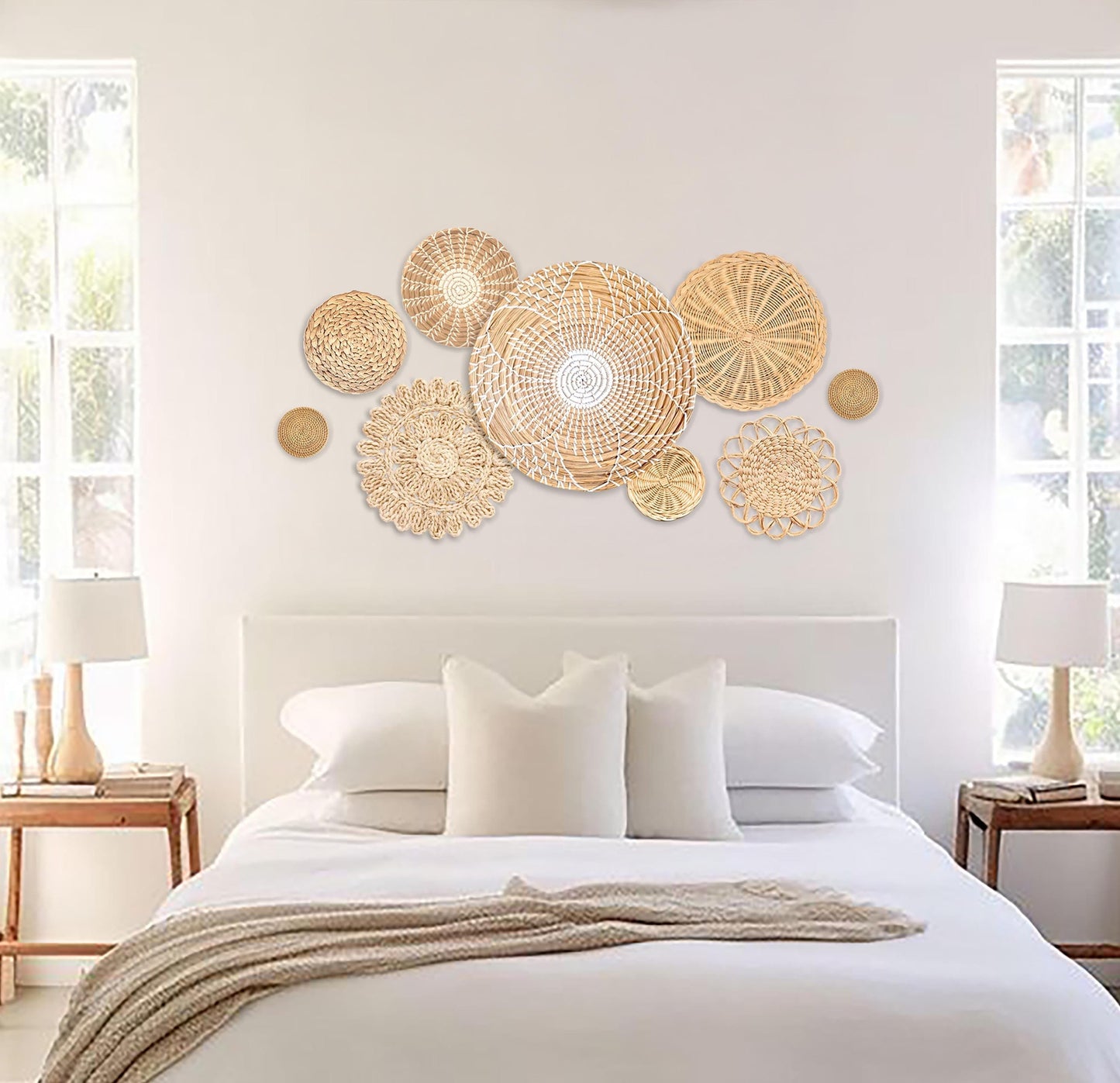 Set de Paniers Muraux Bohèmes en Rotin, Décoration Murale Écologique Artisanale