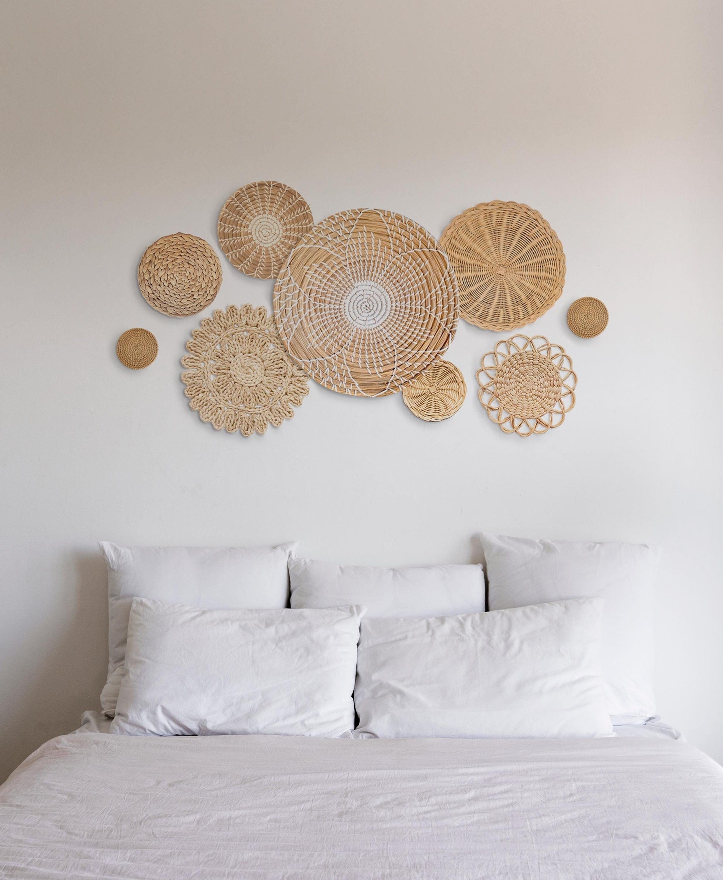 Set de Paniers Muraux Bohèmes en Rotin, Décoration Murale Écologique Artisanale