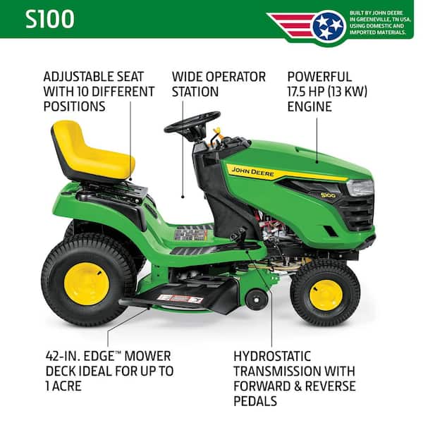 John Deere S100 42-inch 17.5 HP Gas Hydrostatic Riding Lawn Mower