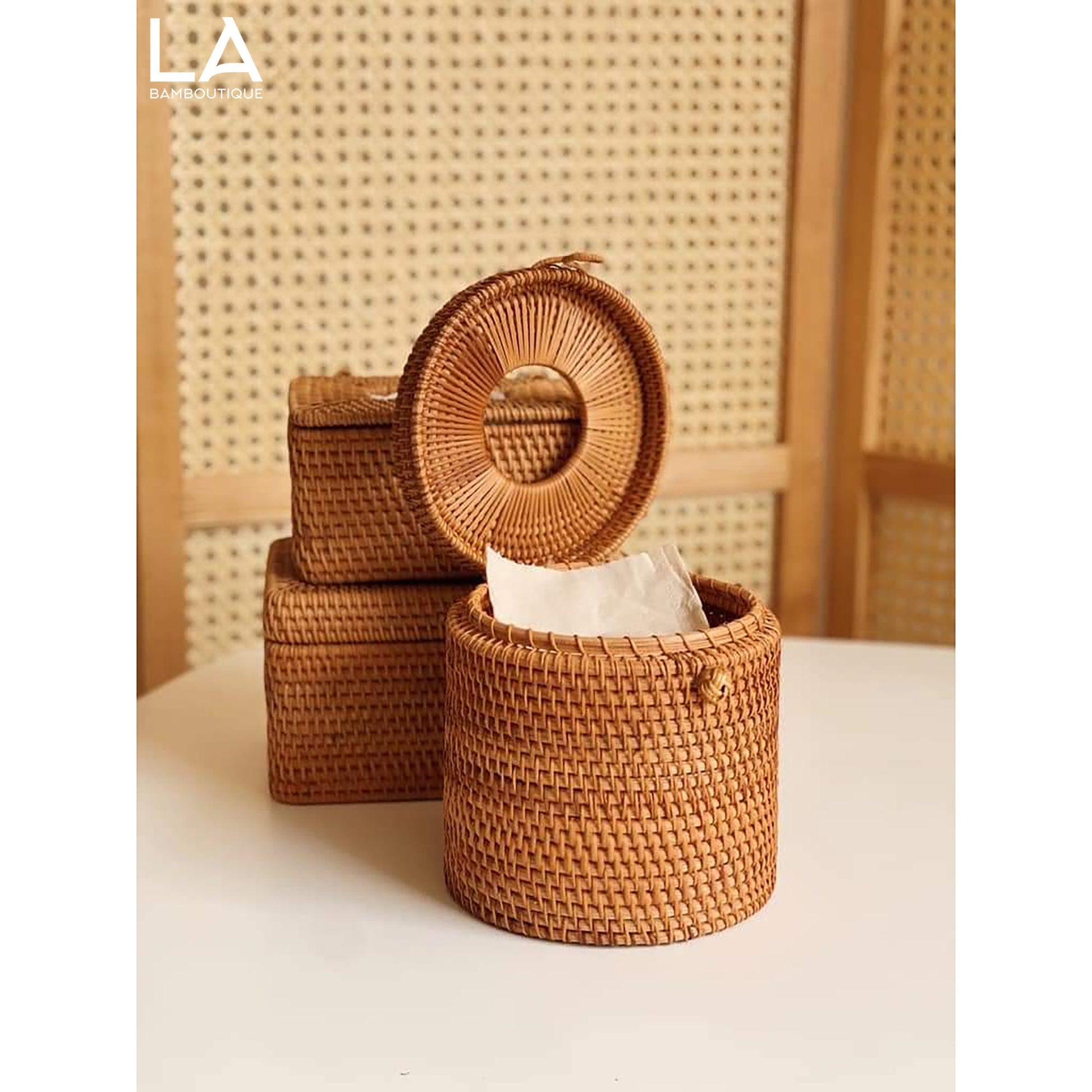 Boîte à Mouchoirs Rangement Rotin Osier Tressé Artisanal Ronde Carrée Naturelle Décorative